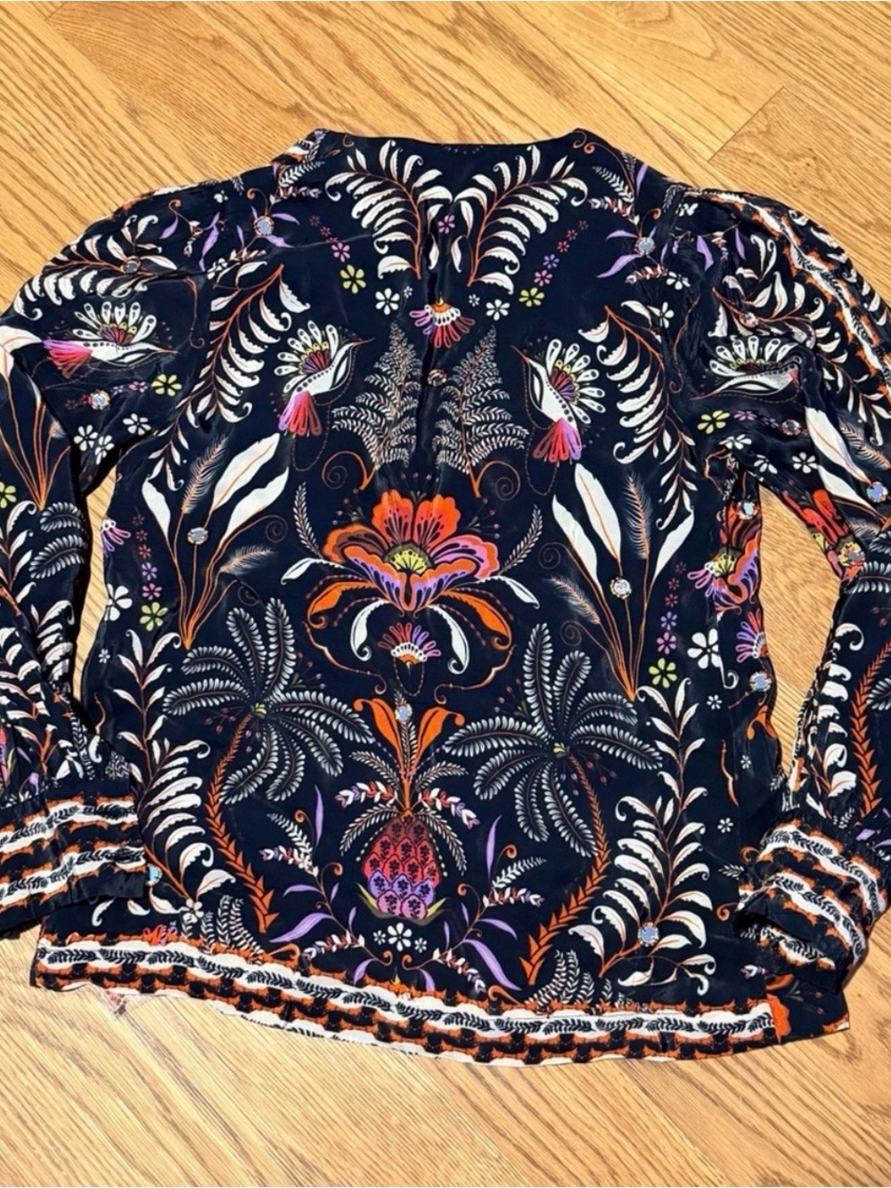 *FARM Rio Classic Garden Black Mirror Trim Blouse Boho Tropical Top - Picture 6 of 6